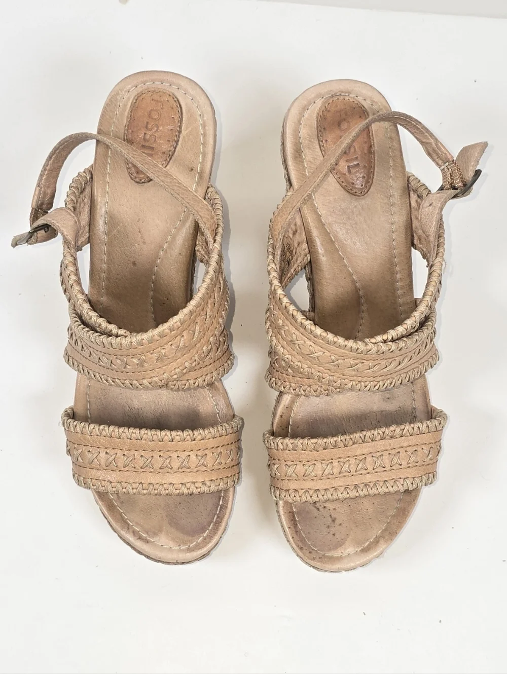 Fosil Cork Platform Sandals Tan Leather Cross-Stitch Block Heel Women’s Sz 6.5 - Picture 3 of 12